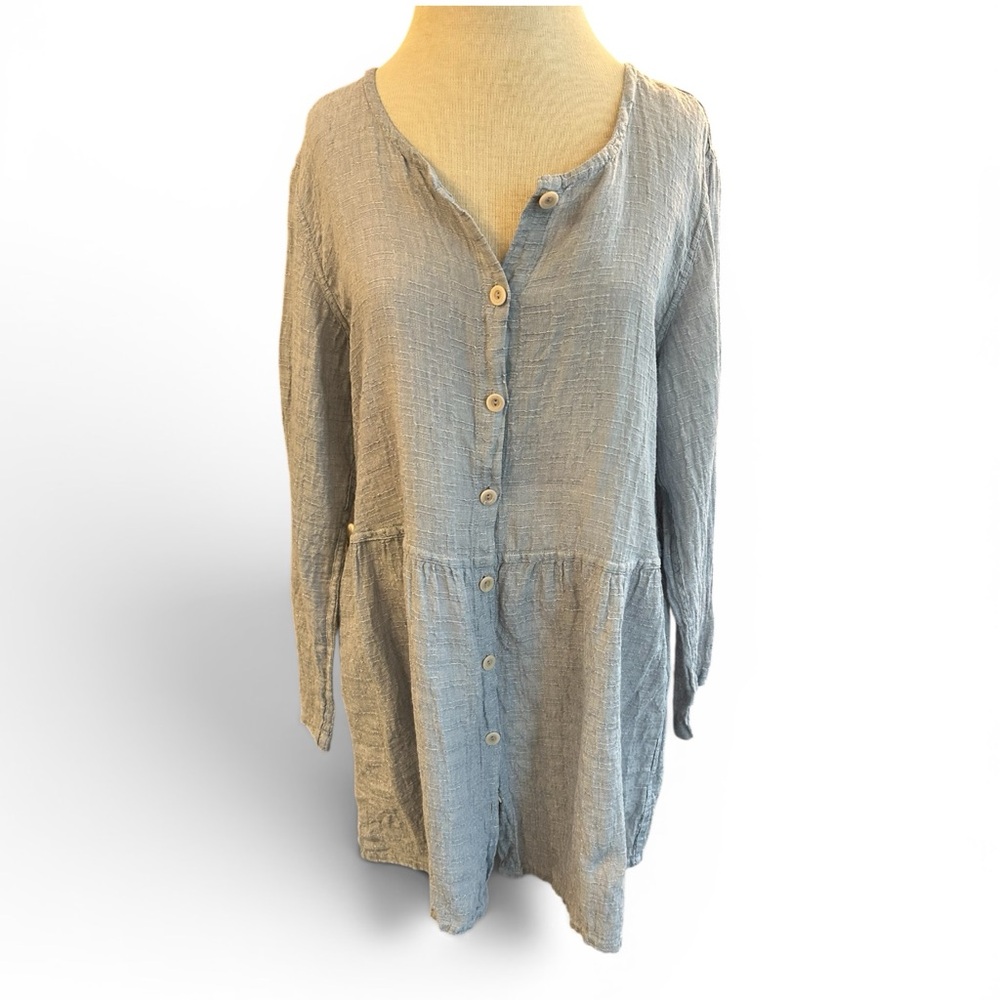 FLAX Linen Light Blue Grey Button-Front Women's Tunic